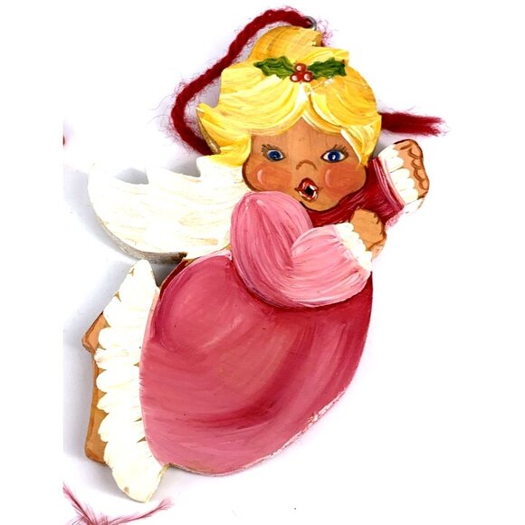 Wood Hand Painted Christmas Ornaments Rustic Country Folk Art 5" Tall Set of 7 - Picture 5 of 10